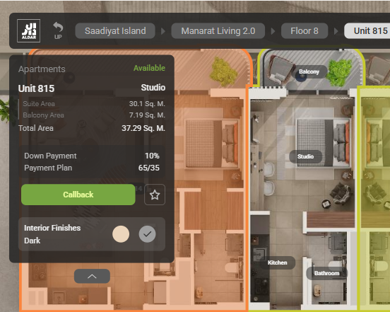 Studio apartment virtual tour at Manarat Living II Saadiyat Island Abu Dhabi by Aldar showcasing compact modern layout