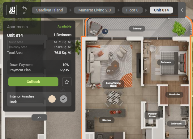 1 bedroom apartment virtual tour at Manarat Living II Aldar Saadiyat Island Abu Dhabi with stylish residential design
