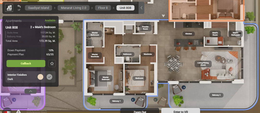 2 Bedroom Virtual Tour+ maid room 2-bedroom apartment virtual tour at Manarat Living II Saadiyat Island Abu Dhabi by Aldar with family-friendly layout