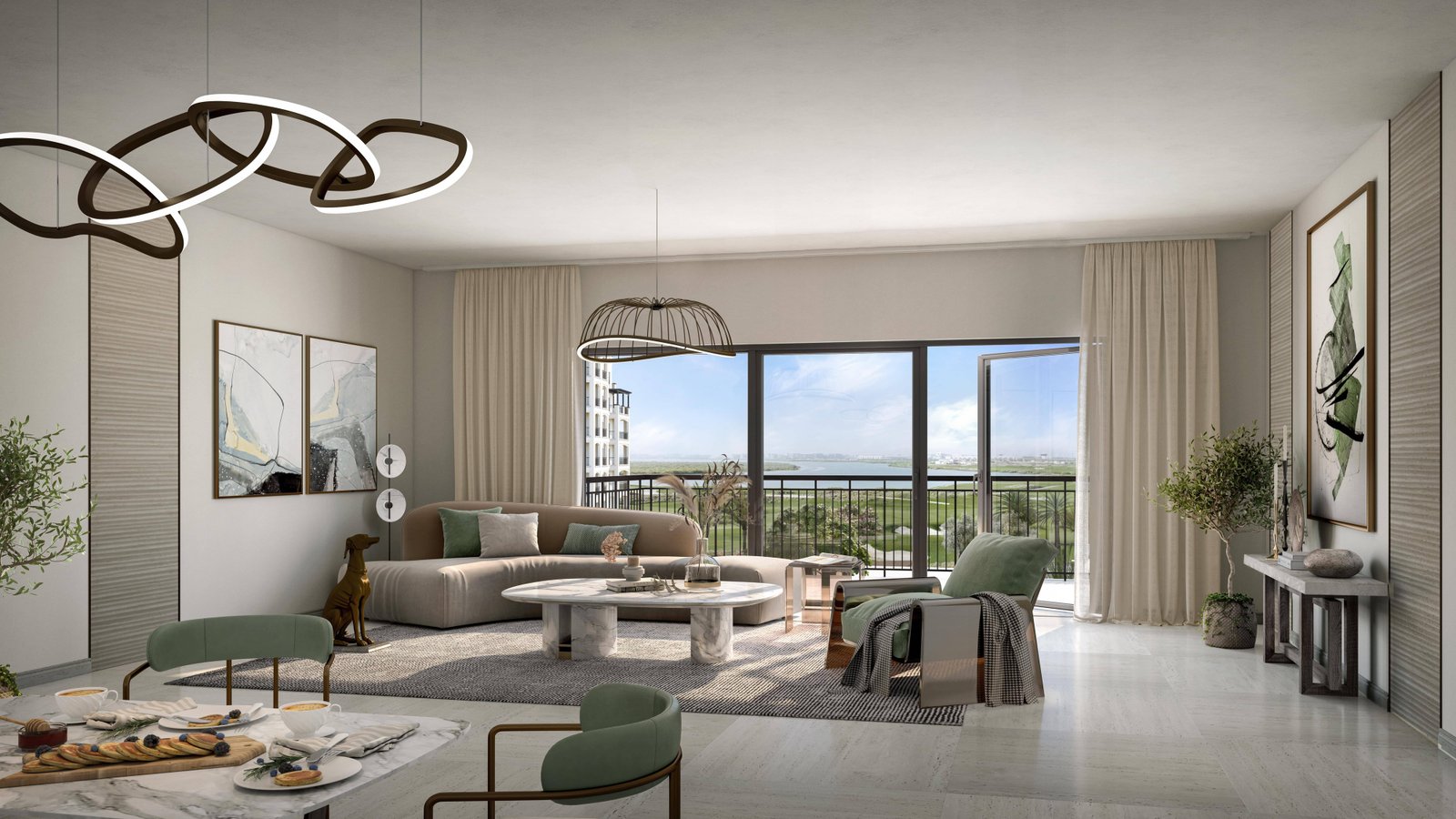 Modern 1-bedroom apartment in Yas Golf Collection with spacious bedroom, en-suite bath, living/dining area, and view of golf course or sea from balcony.