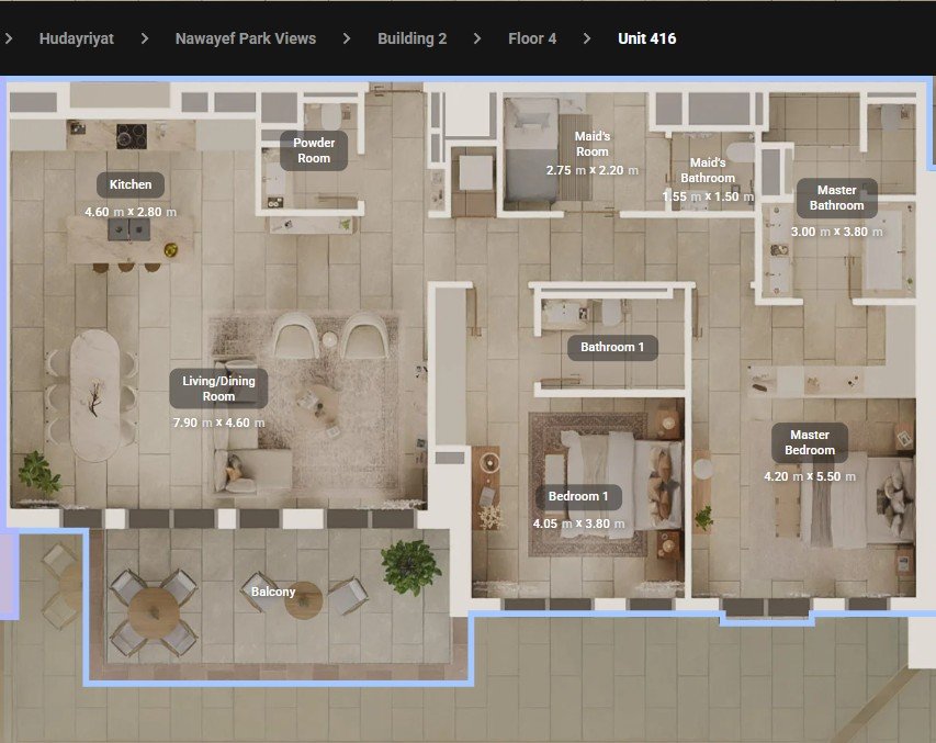 2 bedroom virtual tour, View inside a 2-bedroom apartment at Nawayef Park Views, Hudayriyat — master bedroom, second bedroom, spacious balcony with park views, stylish finishes and open layout.