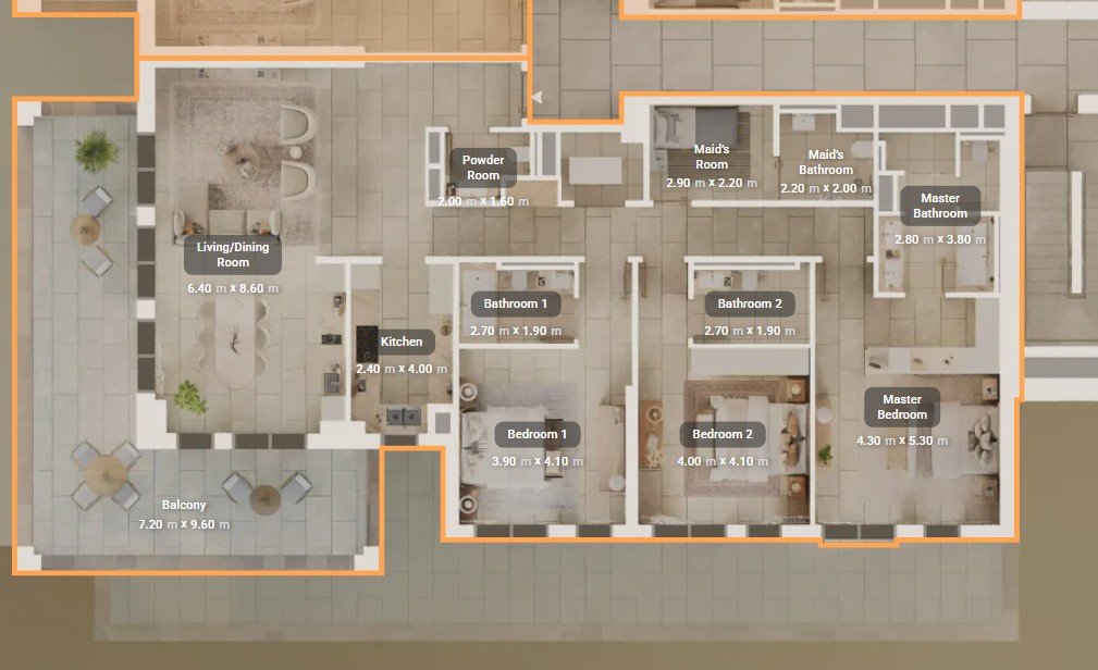 3 bedroom virtual tour - Inside a 3-bedroom apartment at Nawayef Park Views, Hudayriyat — generous living/dining area, three bedrooms, terrace overlooking landscaped park and hills, contemporary design.